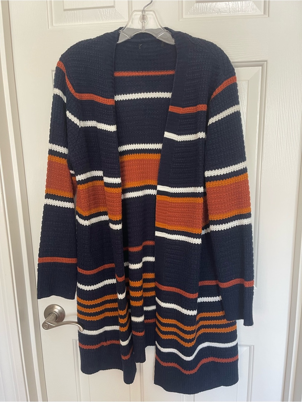 Macy's Navy Open-Front Striped Cardigan with Rust & Cream - Picture 3 of 14